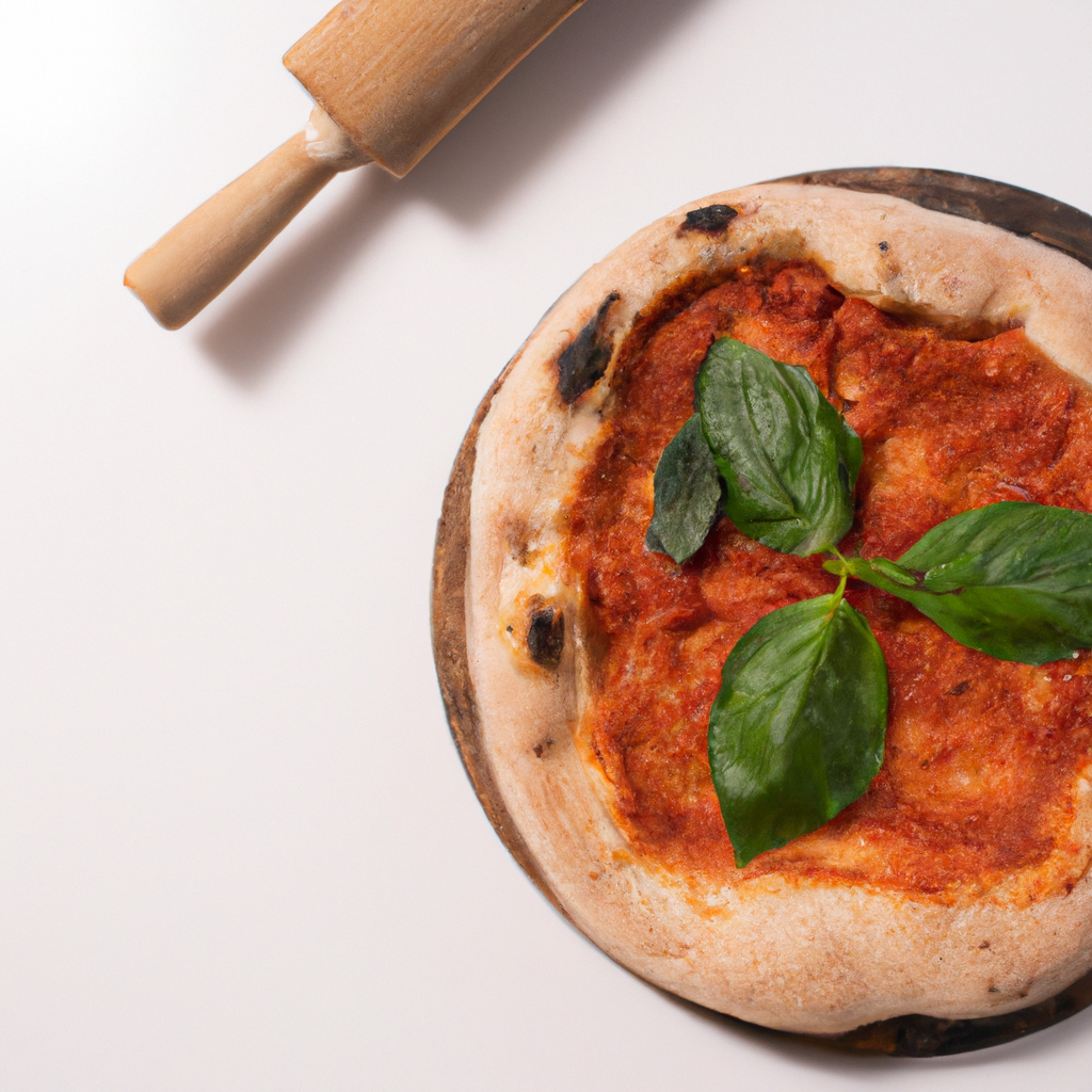 깔끔한 화이트 배경 위에 바질과 토마토로 장식된 마르게리타 피자