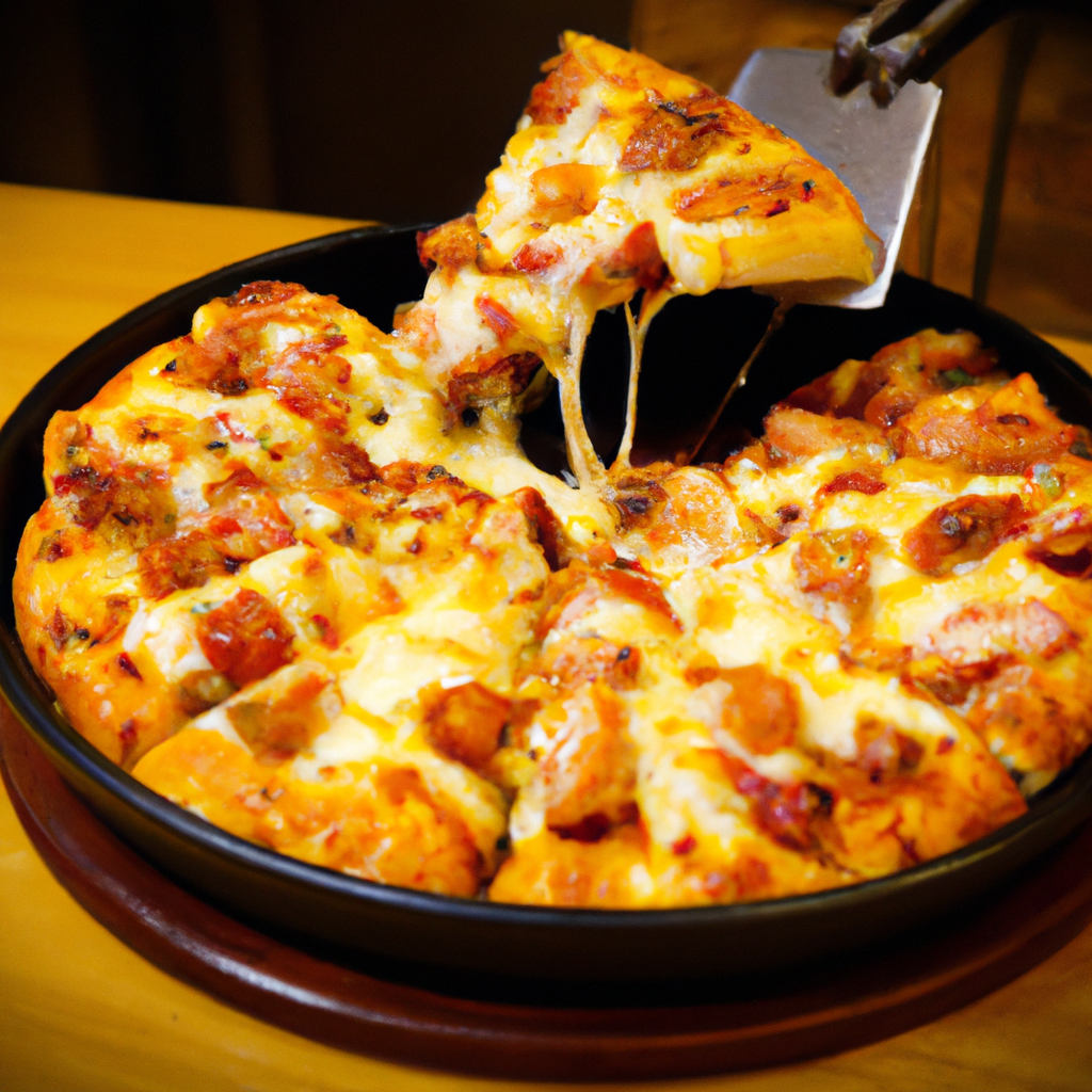 따뜻한 조명 아래 테이블 위의 피자